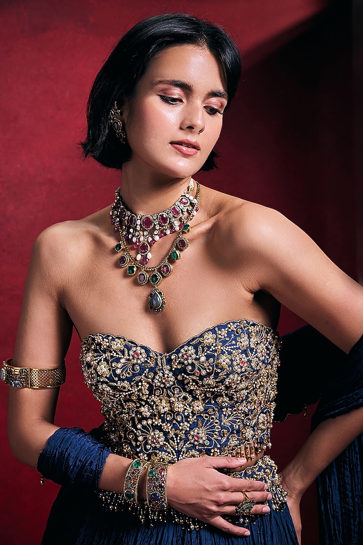 Royal Blue Habutai Silk Embroidered Bridal Lehenga Set by Tamanna Punjabi Kapoor at Pernia's Pop Up Shop