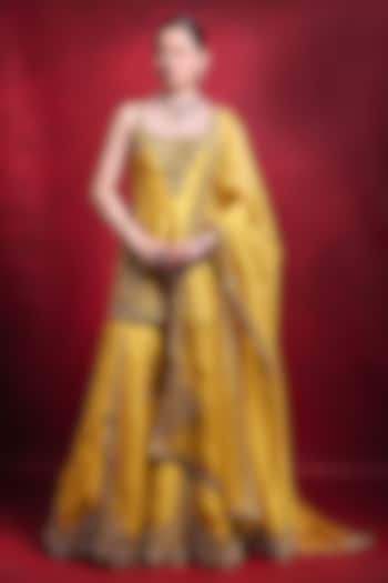 Mustard Organza & Raw Silk Zari Embroidered Gharara Set by Tamanna Punjabi Kapoor at Pernia's Pop Up Shop