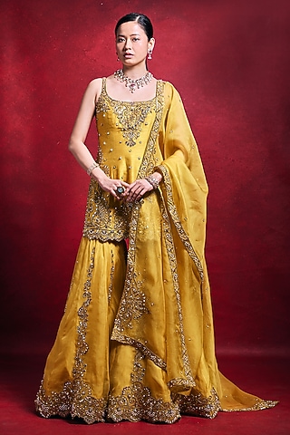 Mustard Organza & Raw Silk Zari Embroidered Gharara Set by Tamanna Punjabi Kapoor