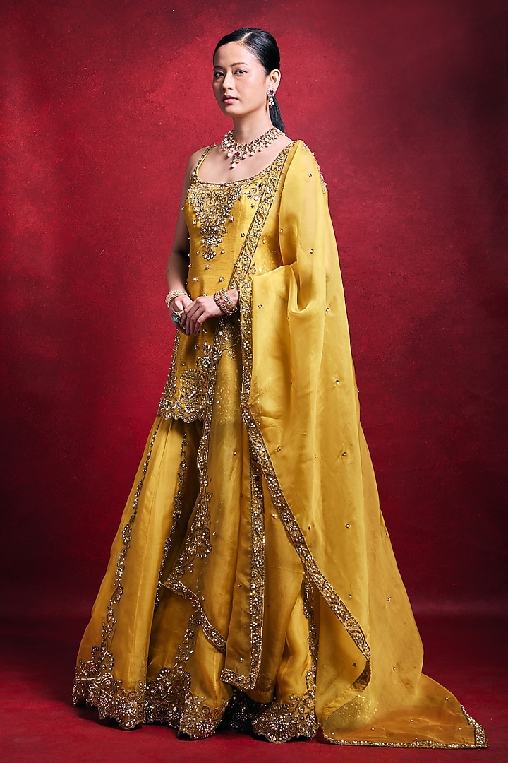 Mustard Organza & Raw Silk Zari Embroidered Gharara Set by Tamanna Punjabi Kapoor at Pernia's Pop Up Shop