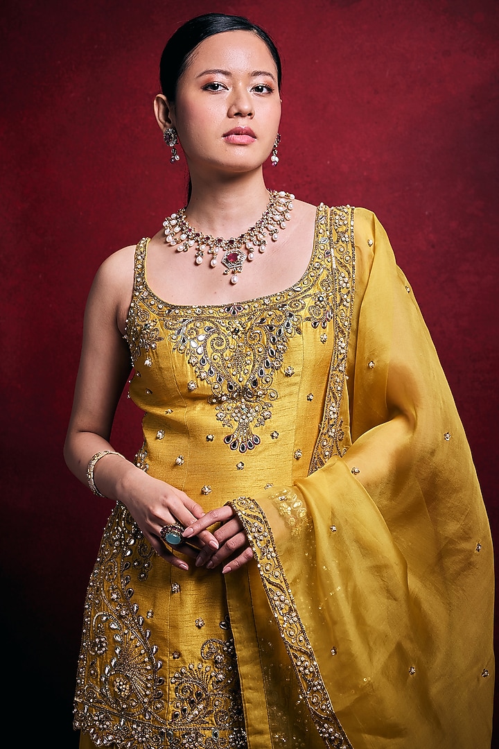 Mustard Organza & Raw Silk Zari Embroidered Gharara Set by Tamanna Punjabi Kapoor at Pernia's Pop Up Shop