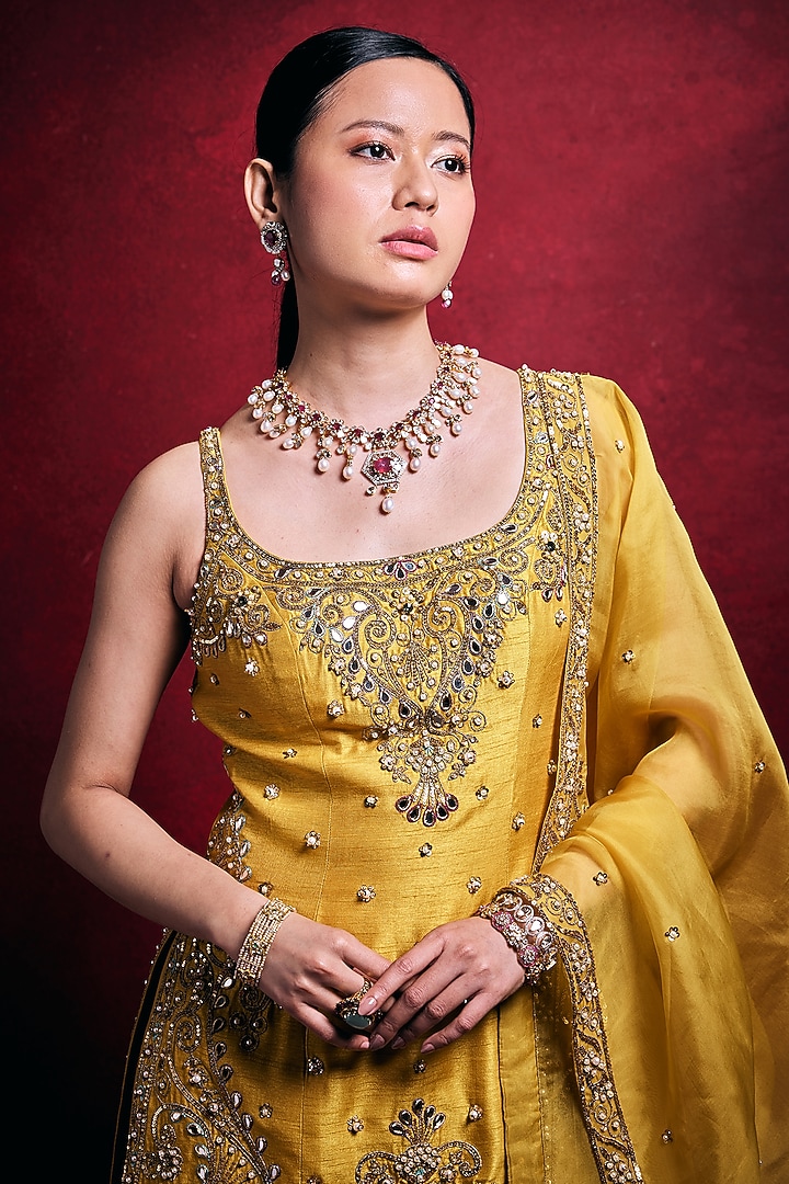 Mustard Organza & Raw Silk Zari Embroidered Gharara Set by Tamanna Punjabi Kapoor at Pernia's Pop Up Shop