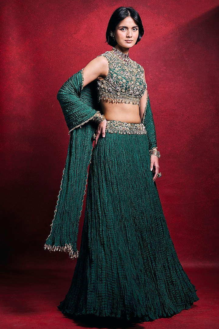 Emerald Green Habutai Silk Embroidered Wedding Lehenga Set by Tamanna Punjabi Kapoor at Pernia's Pop Up Shop