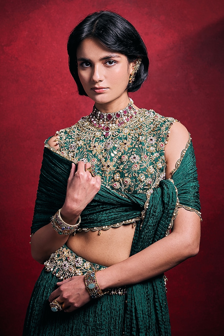 Emerald Green Habutai Silk Embroidered Wedding Lehenga Set by Tamanna Punjabi Kapoor at Pernia's Pop Up Shop