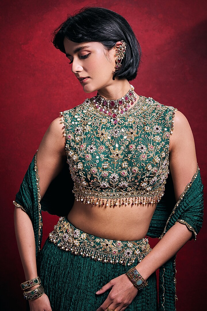 Emerald Green Habutai Silk Embroidered Wedding Lehenga Set by Tamanna Punjabi Kapoor at Pernia's Pop Up Shop