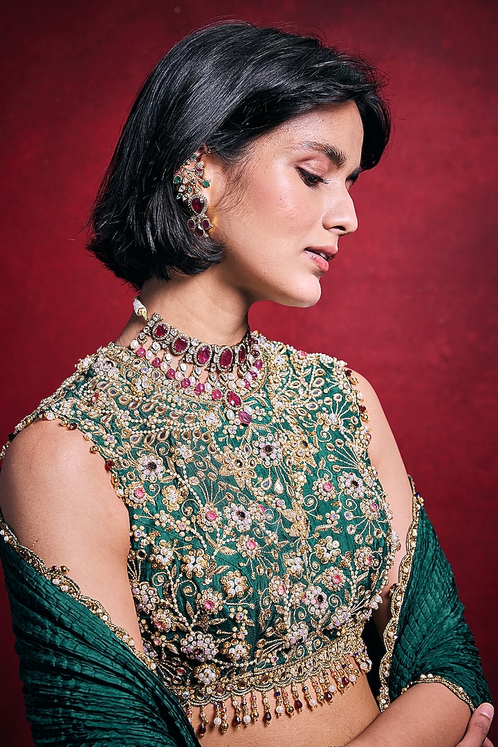 Emerald Green Habutai Silk Embroidered Wedding Lehenga Set by Tamanna Punjabi Kapoor at Pernia's Pop Up Shop