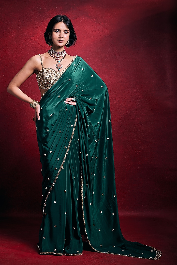 Emerald Green Crepe & Tissue Zari Work Reception Saree Set by Tamanna Punjabi Kapoor at Pernia's Pop Up Shop