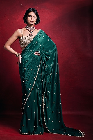 Emerald Green Crepe & Tissue Zari Work Saree Set by Tamanna Punjabi Kapoor