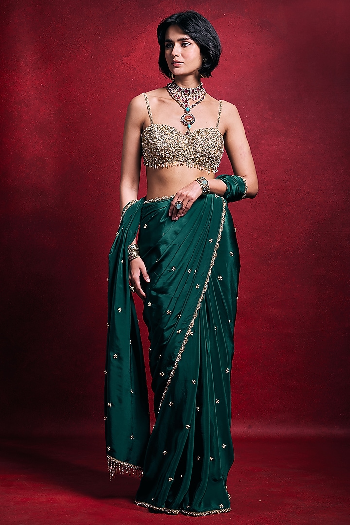 Emerald Green Crepe & Tissue Zari Work Reception Saree Set by Tamanna Punjabi Kapoor at Pernia's Pop Up Shop