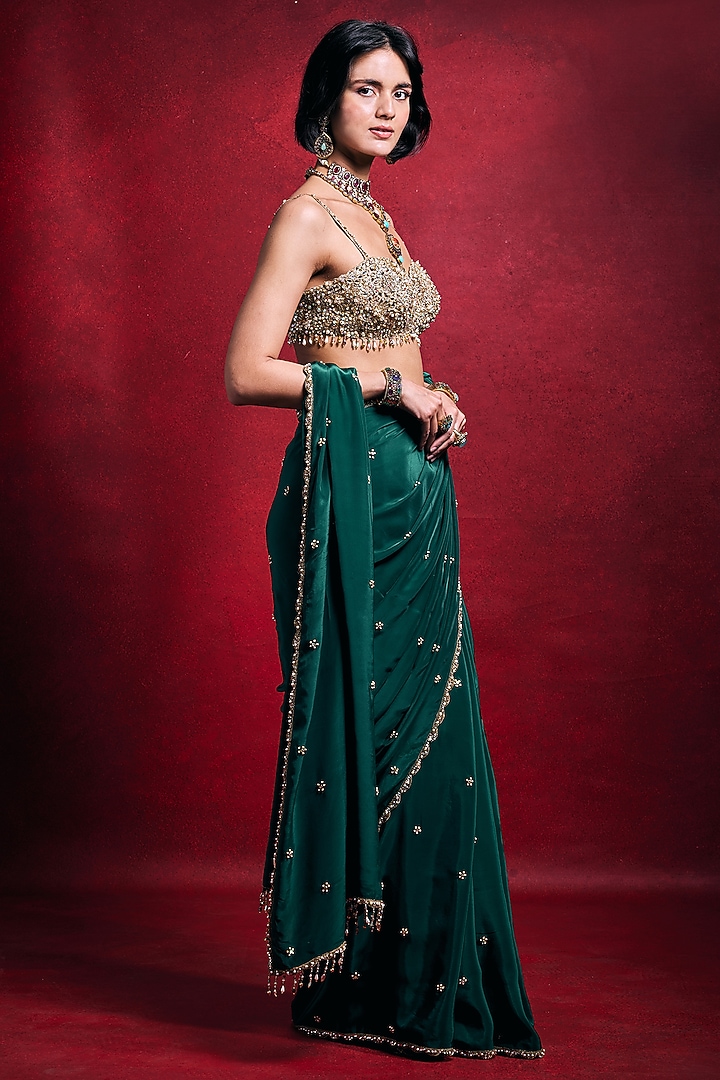 Emerald Green Crepe & Tissue Zari Work Reception Saree Set by Tamanna Punjabi Kapoor at Pernia's Pop Up Shop