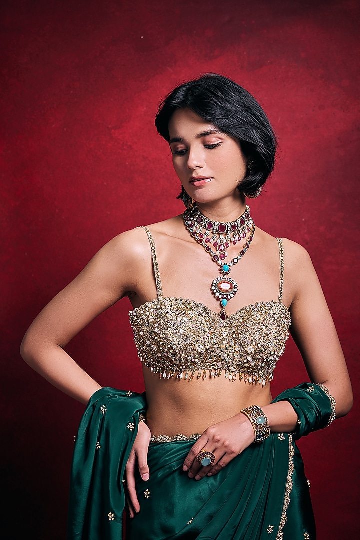 Emerald Green Crepe & Tissue Zari Work Reception Saree Set by Tamanna Punjabi Kapoor at Pernia's Pop Up Shop