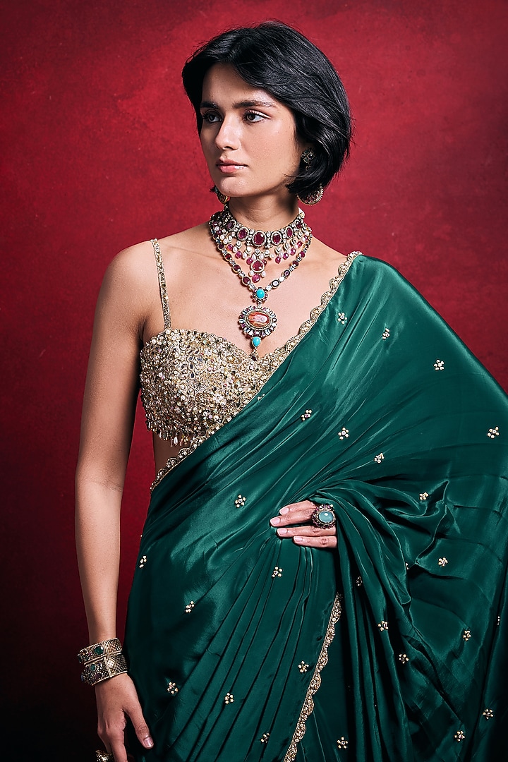 Emerald Green Crepe & Tissue Zari Work Reception Saree Set by Tamanna Punjabi Kapoor at Pernia's Pop Up Shop