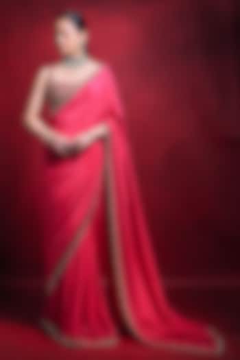 Fuchsia Pink Habutai Silk & Raw Silk Zari Embroidered Wedding Saree Set by Tamanna Punjabi Kapoor at Pernia's Pop Up Shop