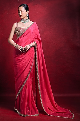 Fuchsia Pink Habutai Silk & Raw Silk Zari Embroidered Saree Set by Tamanna Punjabi Kapoor