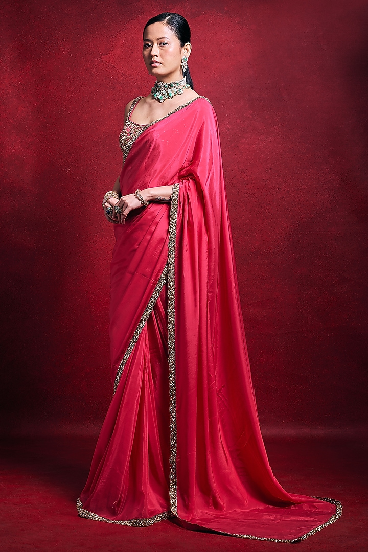 Fuchsia Pink Habutai Silk & Raw Silk Zari Embroidered Wedding Saree Set by Tamanna Punjabi Kapoor at Pernia's Pop Up Shop