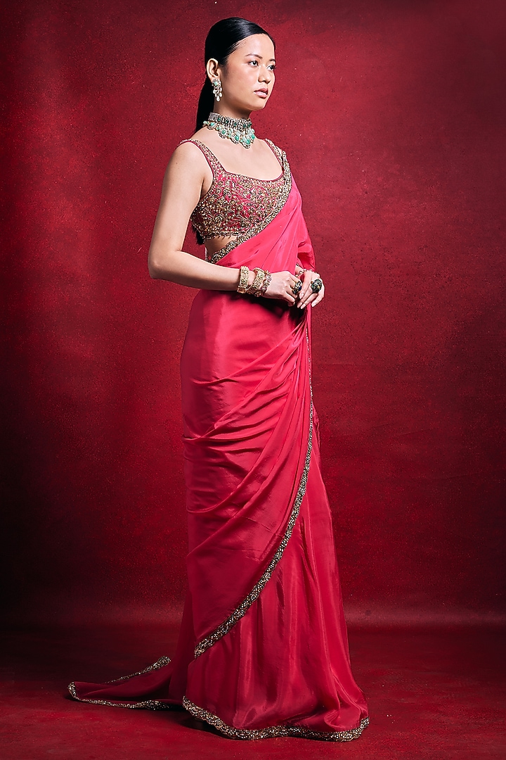 Fuchsia Pink Habutai Silk & Raw Silk Zari Embroidered Wedding Saree Set by Tamanna Punjabi Kapoor at Pernia's Pop Up Shop
