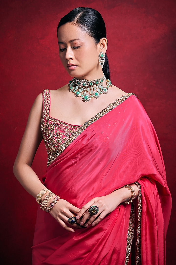 Fuchsia Pink Habutai Silk & Raw Silk Zari Embroidered Wedding Saree Set by Tamanna Punjabi Kapoor at Pernia's Pop Up Shop