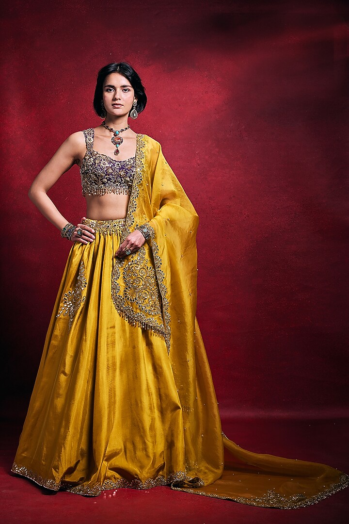 Mustard & Purple Habutai Silk Zari Embroidered Bridal Lehenga Set by Tamanna Punjabi Kapoor at Pernia's Pop Up Shop