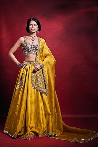 Mustard & Purple Habutai Silk Zari Embroidered Lehenga Set by Tamanna Punjabi Kapoor