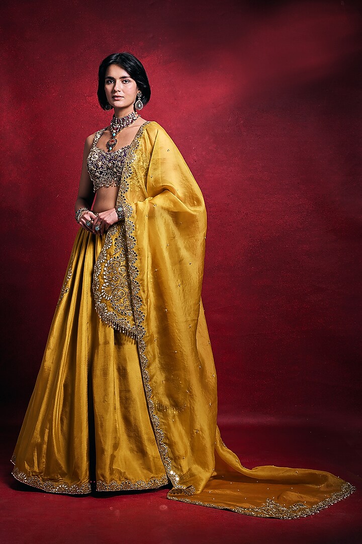 Mustard & Purple Habutai Silk Zari Embroidered Bridal Lehenga Set by Tamanna Punjabi Kapoor at Pernia's Pop Up Shop