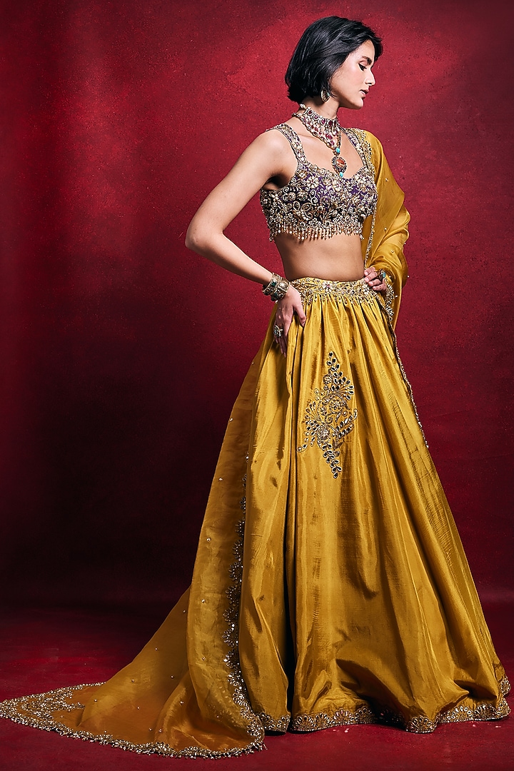 Mustard & Purple Habutai Silk Zari Embroidered Bridal Lehenga Set by Tamanna Punjabi Kapoor at Pernia's Pop Up Shop