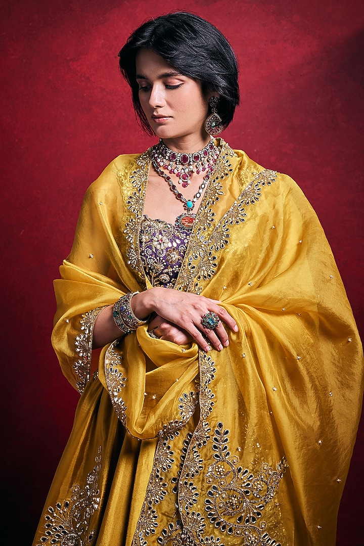 Mustard & Purple Habutai Silk Zari Embroidered Bridal Lehenga Set by Tamanna Punjabi Kapoor at Pernia's Pop Up Shop