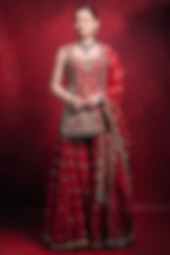 Red Raw Silk Zari Embroidered Bridal Sharara Set by Tamanna Punjabi Kapoor at Pernia's Pop Up Shop
