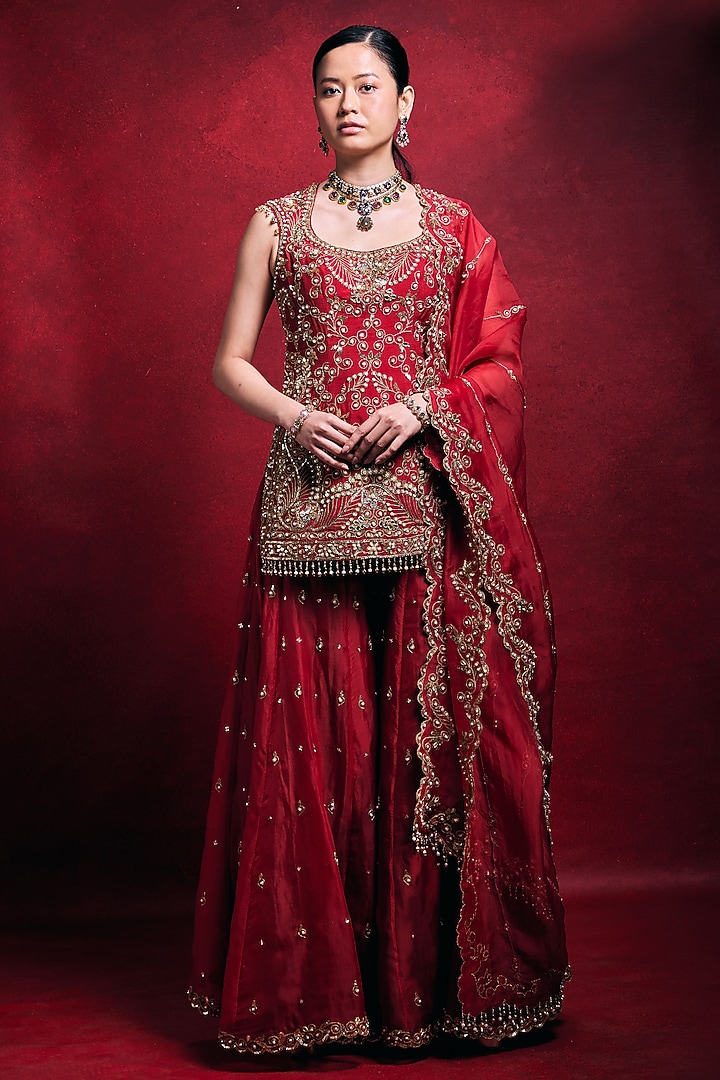Red Raw Silk Zari Embroidered Bridal Sharara Set by Tamanna Punjabi Kapoor at Pernia's Pop Up Shop