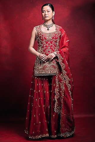 Red Raw Silk Zari Embroidered Sharara Set by Tamanna Punjabi Kapoor