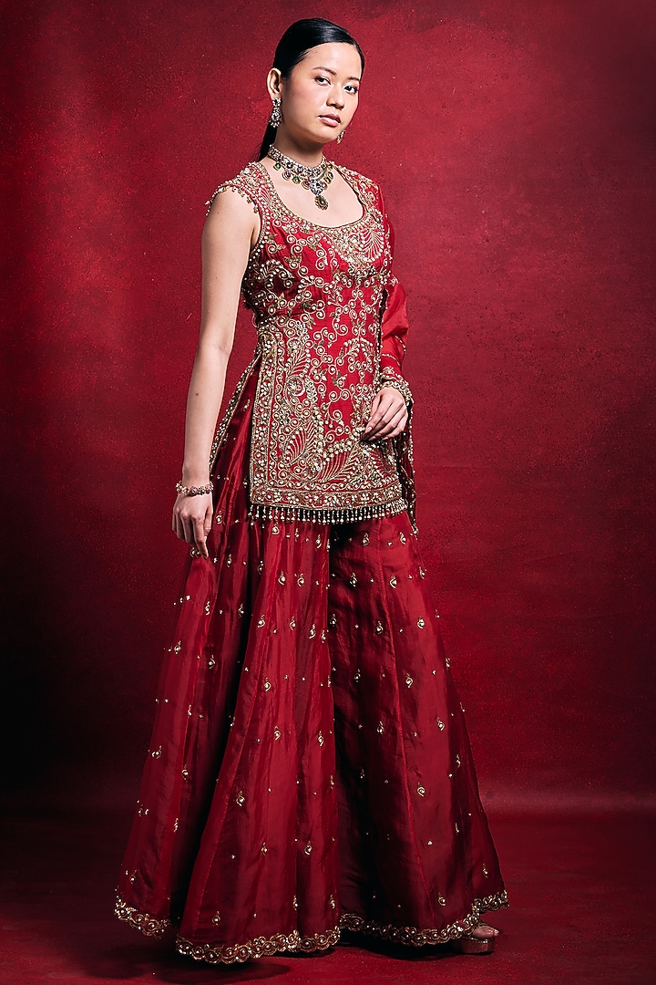 Red Raw Silk Zari Embroidered Bridal Sharara Set by Tamanna Punjabi Kapoor at Pernia's Pop Up Shop
