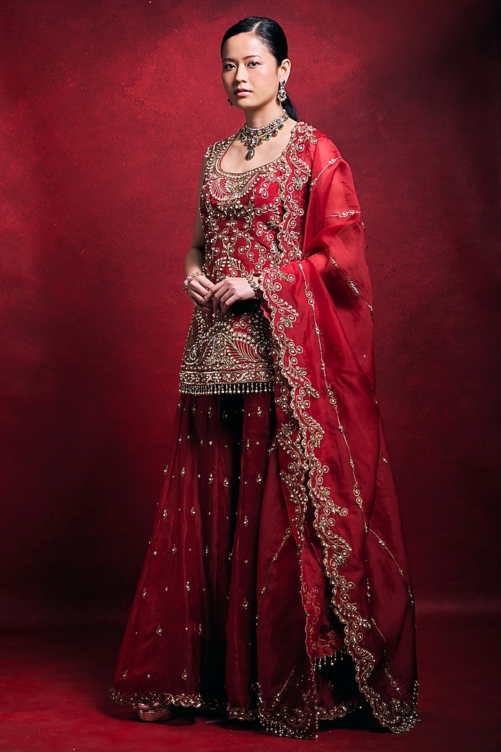 Red Raw Silk Zari Embroidered Bridal Sharara Set by Tamanna Punjabi Kapoor at Pernia's Pop Up Shop