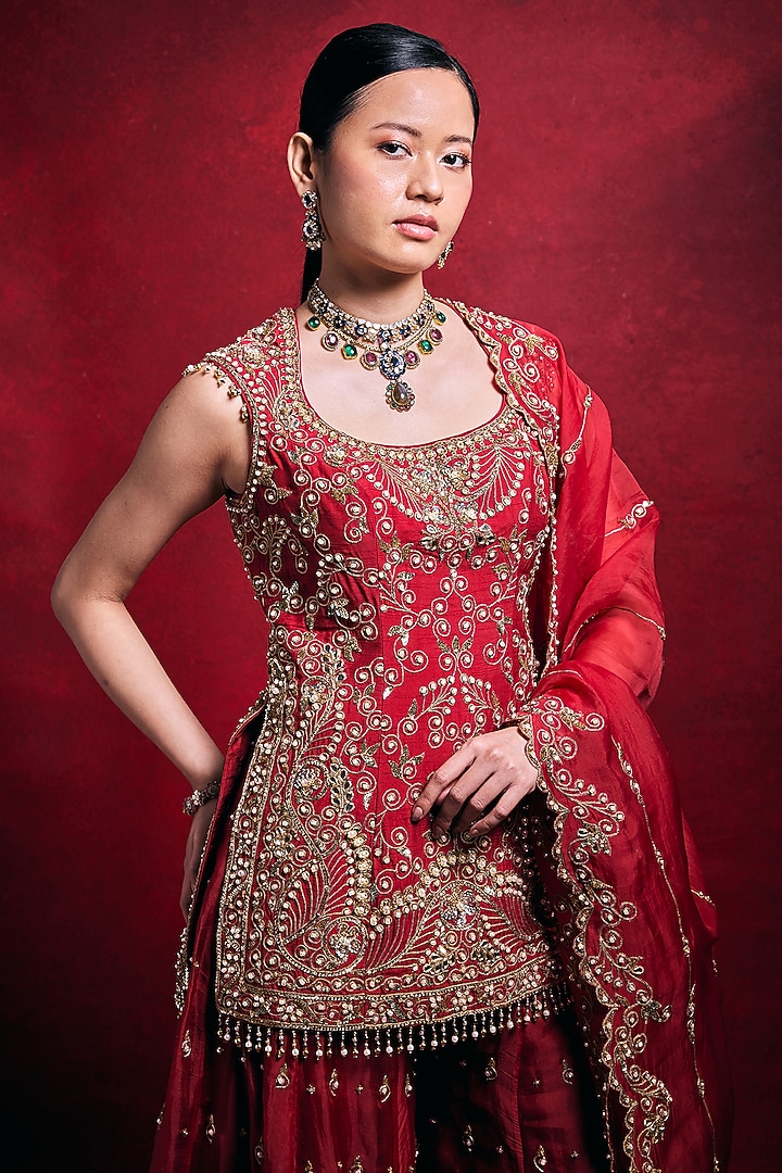 Red Raw Silk Zari Embroidered Bridal Sharara Set by Tamanna Punjabi Kapoor at Pernia's Pop Up Shop