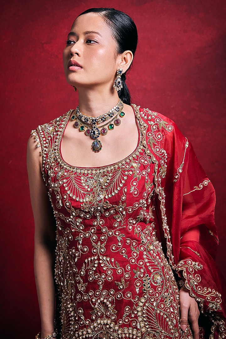 Red Raw Silk Zari Embroidered Bridal Sharara Set by Tamanna Punjabi Kapoor at Pernia's Pop Up Shop