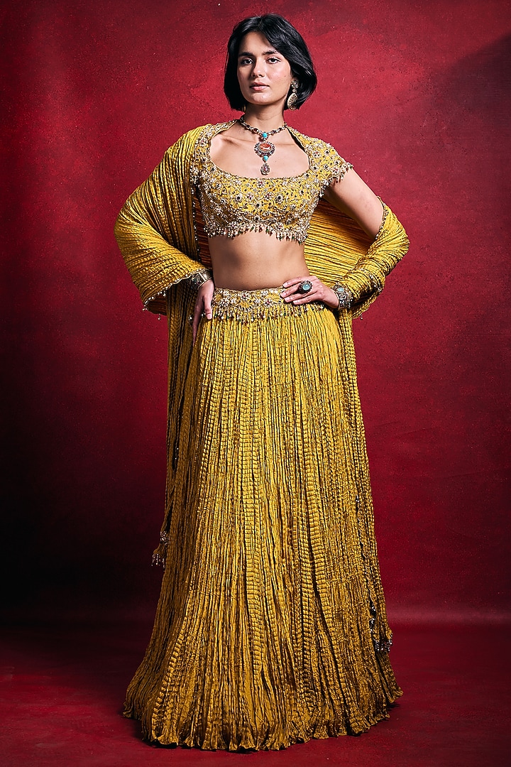 Mustard Habutai Silk Embroidered Wedding Lehenga Set by Tamanna Punjabi Kapoor at Pernia's Pop Up Shop