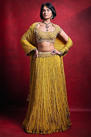 Mustard Habutai Silk Embroidered Lehenga Set by Tamanna Punjabi Kapoor