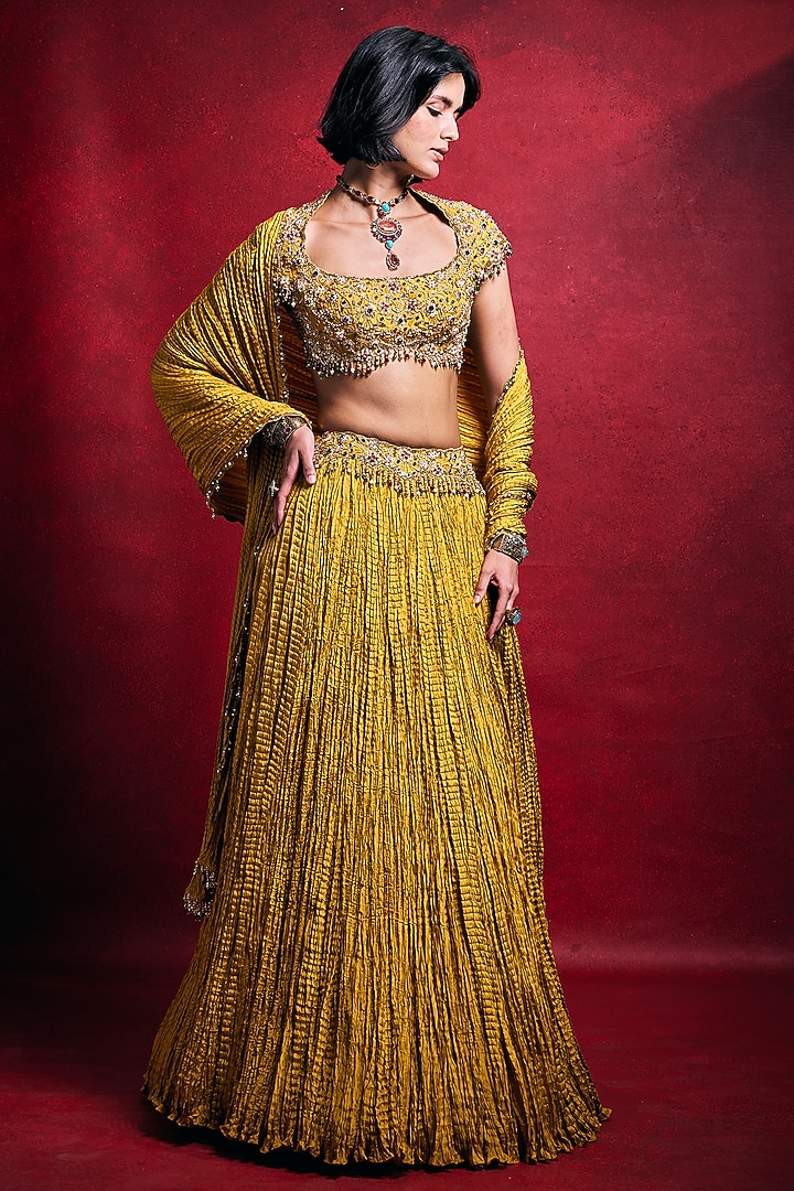 Mustard Habutai Silk Embroidered Wedding Lehenga Set by Tamanna Punjabi Kapoor at Pernia's Pop Up Shop