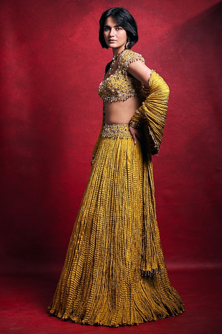 Mustard Habutai Silk Embroidered Wedding Lehenga Set by Tamanna Punjabi Kapoor at Pernia's Pop Up Shop