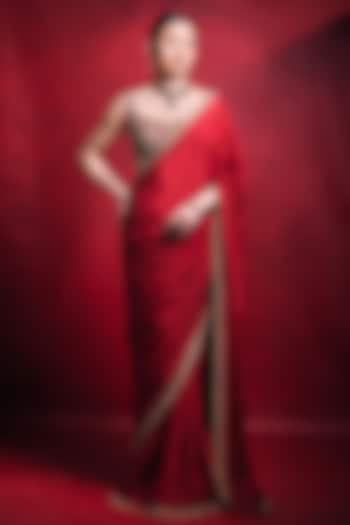 Red Habutai Silk & Raw Silk Zari Embroidered Wedding Saree Set by Tamanna Punjabi Kapoor at Pernia's Pop Up Shop