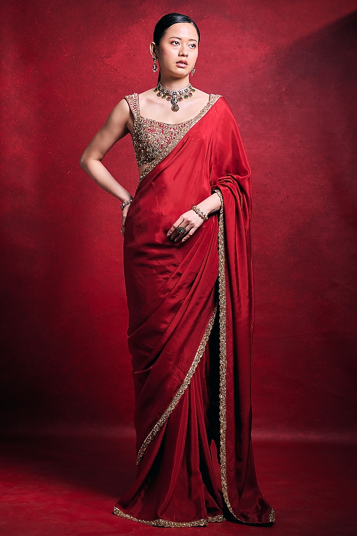 Red Habutai Silk & Raw Silk Zari Embroidered Wedding Saree Set by Tamanna Punjabi Kapoor at Pernia's Pop Up Shop