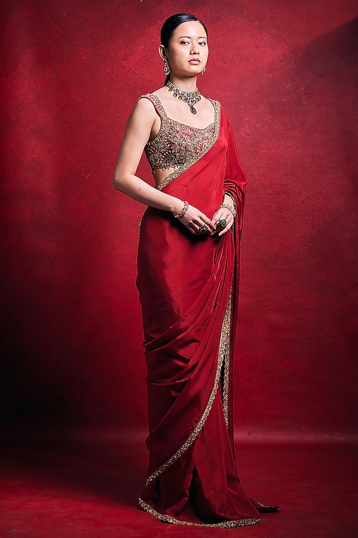 Red Habutai Silk & Raw Silk Zari Embroidered Wedding Saree Set by Tamanna Punjabi Kapoor at Pernia's Pop Up Shop