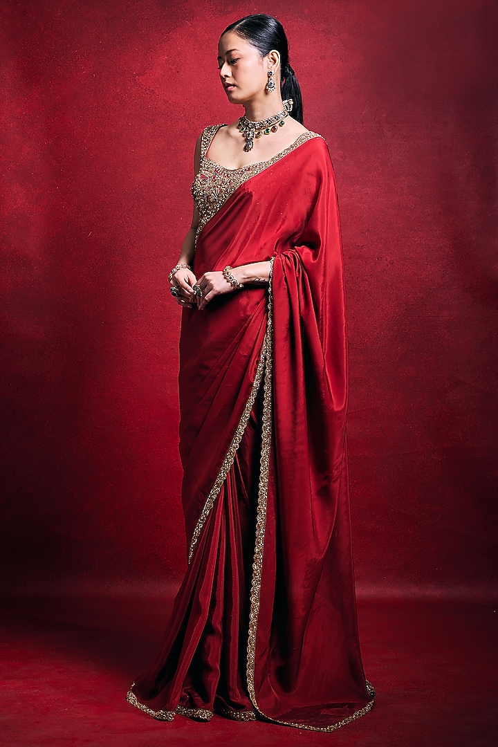 Red Habutai Silk & Raw Silk Zari Embroidered Wedding Saree Set by Tamanna Punjabi Kapoor at Pernia's Pop Up Shop