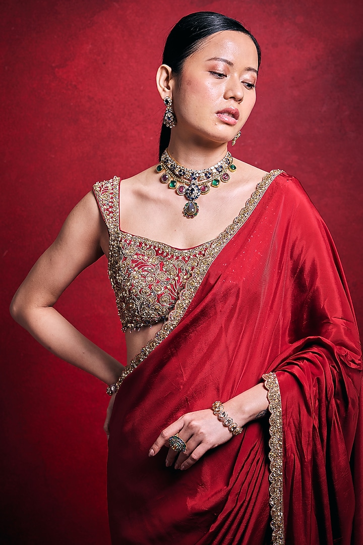 Red Habutai Silk & Raw Silk Zari Embroidered Wedding Saree Set by Tamanna Punjabi Kapoor at Pernia's Pop Up Shop