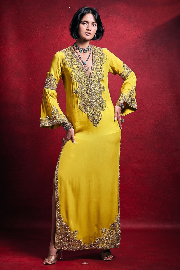 Yellow Crepe Mirror Embellished Kaftan by Tamanna Punjabi Kapoor at Pernia's Pop Up Shop