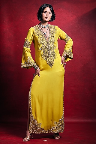Yellow Crepe Mirror Embellished Kaftan by Tamanna Punjabi Kapoor