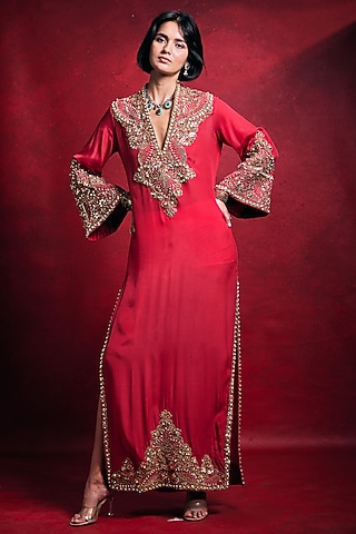 Fuchsia Pink Crepe Threadwork Kaftan by Tamanna Punjabi Kapoor