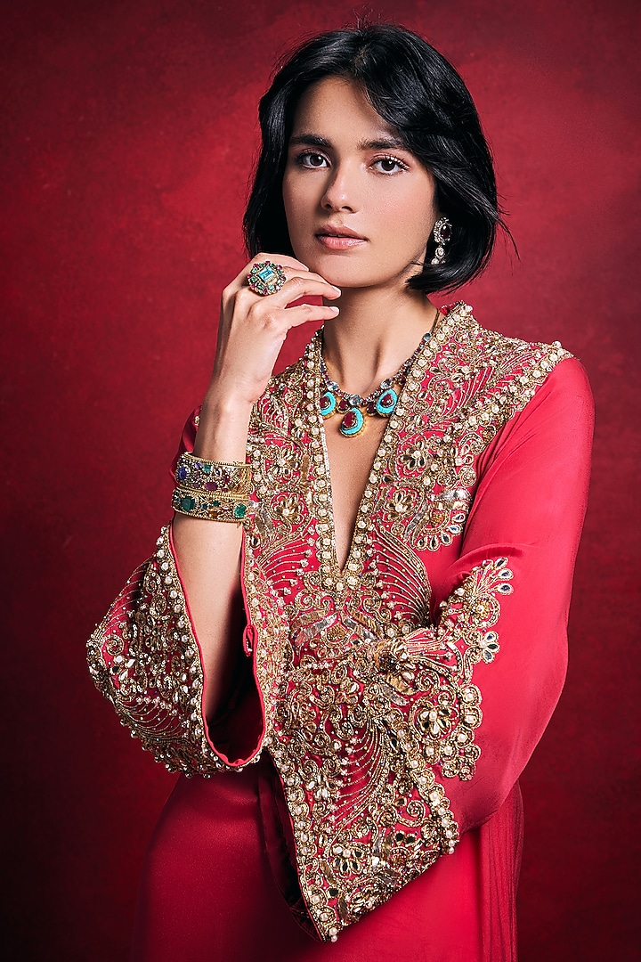 Fuchsia Pink Crepe Threadwork Kaftan by Tamanna Punjabi Kapoor at Pernia's Pop Up Shop