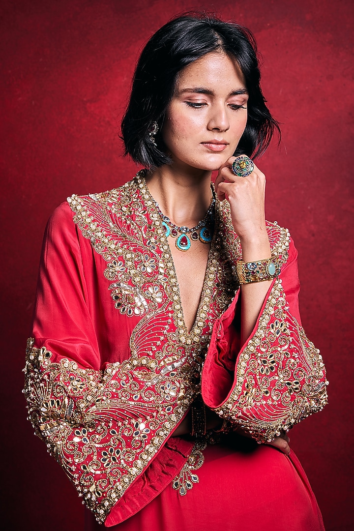 Fuchsia Pink Crepe Threadwork Kaftan by Tamanna Punjabi Kapoor at Pernia's Pop Up Shop