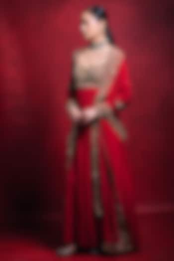 Red Crepe Gota Work Bridal Anarkali Set by Tamanna Punjabi Kapoor at Pernia's Pop Up Shop