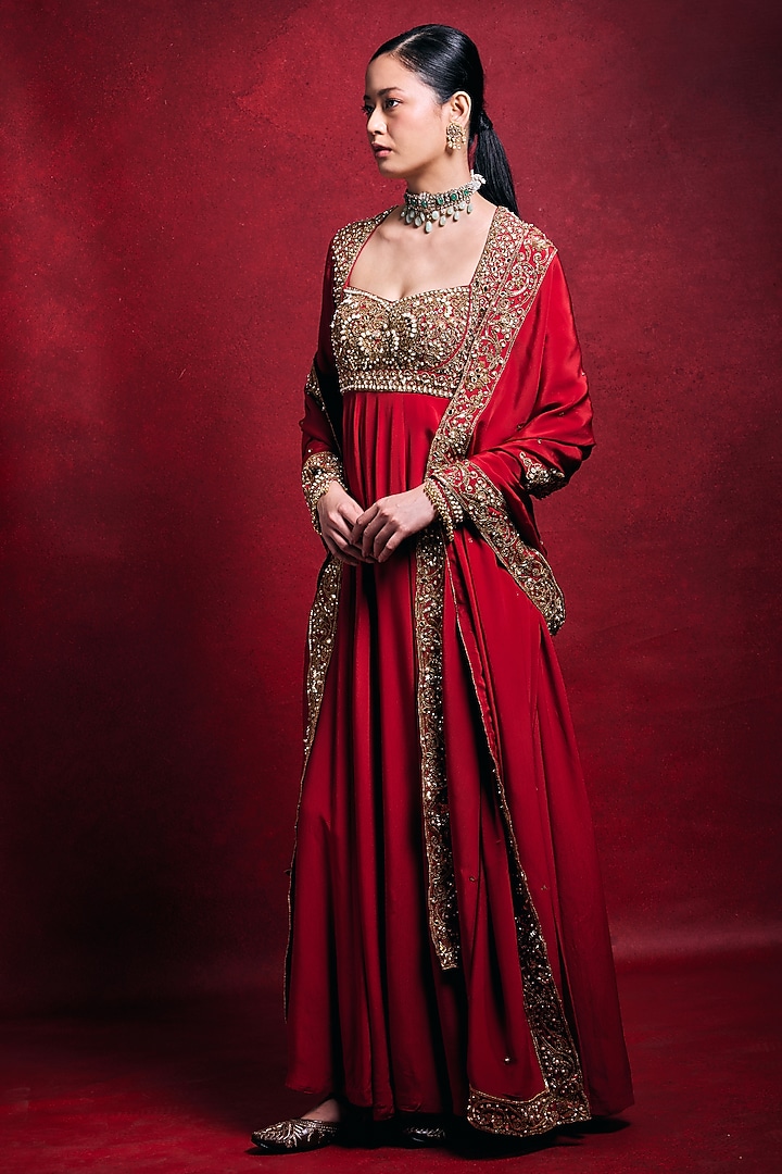 Red Crepe Gota Work Bridal Anarkali Set by Tamanna Punjabi Kapoor at Pernia's Pop Up Shop
