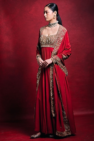 Red Crepe Gota Work Anarkali Set by Tamanna Punjabi Kapoor